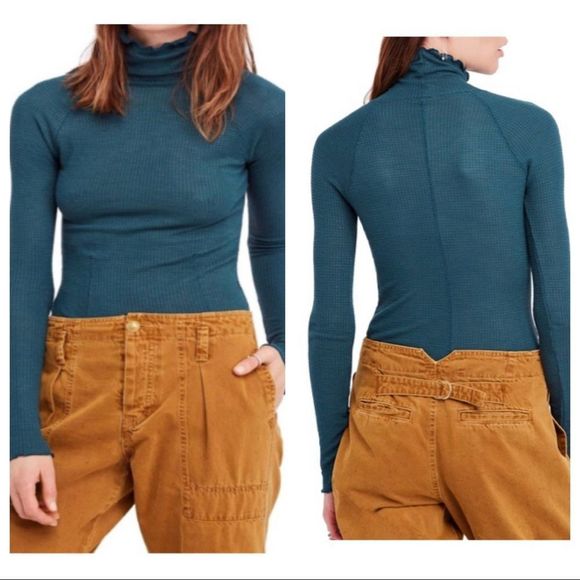 Free People Make It Easy Long Sleeve Thermal T-shirt Tee Shirt Jade Blue Size M - Picture 1 of 10